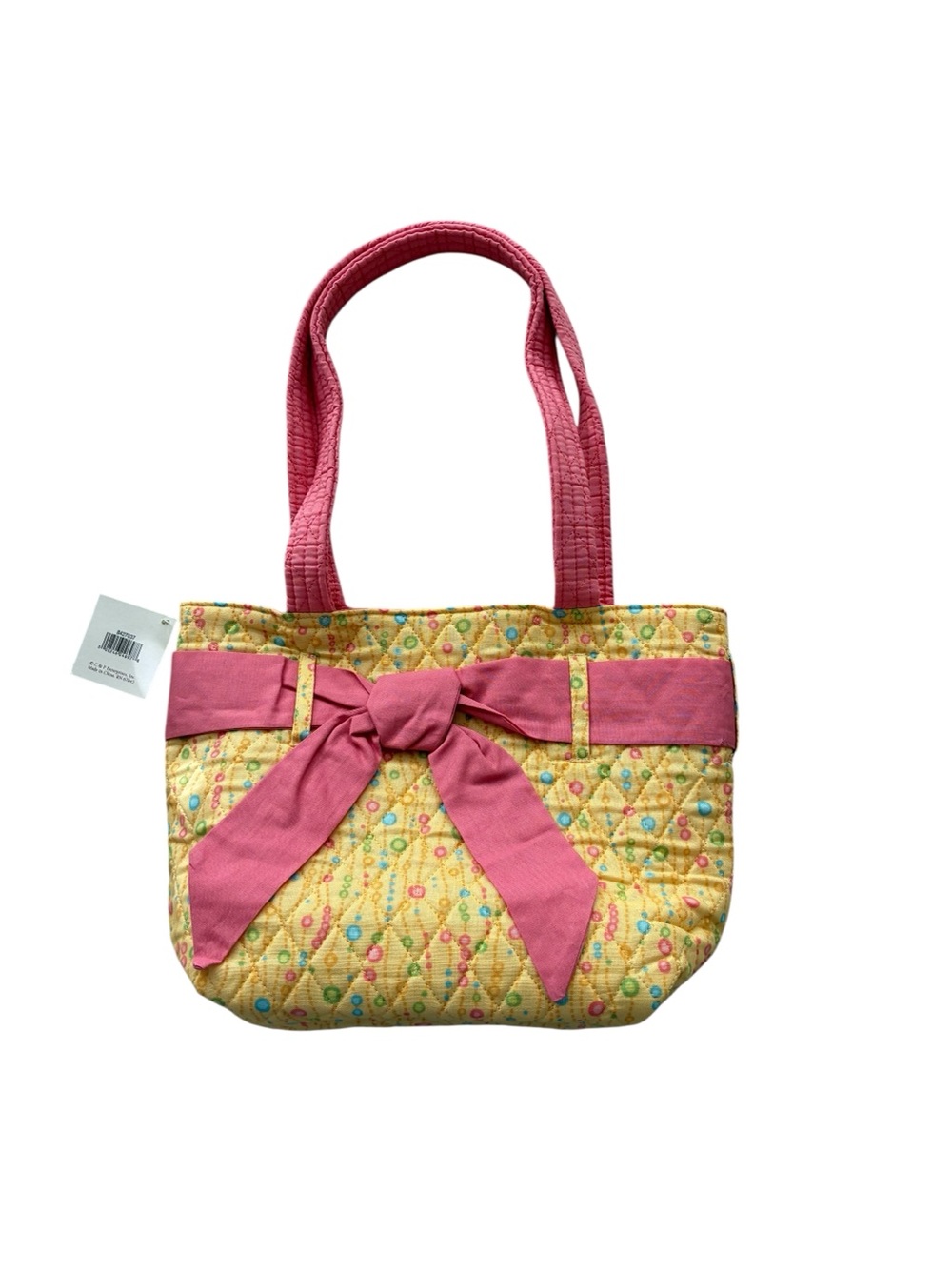 Yellow and pink bubbles quilted shoulder bag, 10 x 13 x 4 inches.